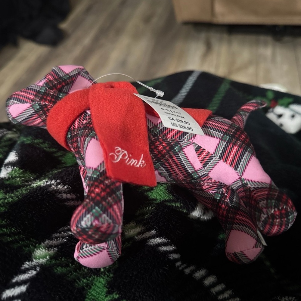 PINK Victoria's Secret Plaid Dog Plush - Red and Pink - Picture 2 of 3